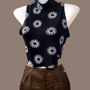 Charlotte Russe Black Crop Top with White Floral Pattern